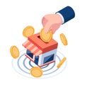 Isometric Businessman Hand Saving Money Into Store