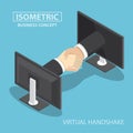 Isometric businessman hands reaching out from monitor screen to