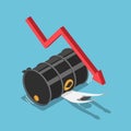 Isometric businessman has been crushed by oil barrel with falling graph