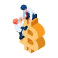 Isometric Businessman Help Friend to Climb Up Bitcoin