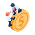 Isometric Businessman Help Friend to Climb Up Dollar Coin