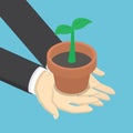 Isometric businessman holding sprout or little plant in his hand Royalty Free Stock Photo
