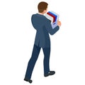 Isometric businessman isolated on write. dismissed frustrated business person holding a box with his things