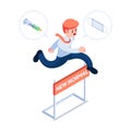 Isometric Businessman Jumping Over New Normal Obstacle