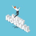 Isometric Businessman Jumping Over The New Normal Text