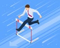 Isometric businessman jumping over obstacle. Overcome obstacles. Business competition concept.