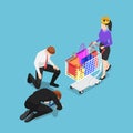 Isometric businessman kneeling in front of customer with crown