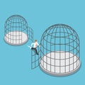 Isometric businessman leave small cage go to the bigger cage.