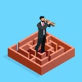 Isometric businessman looks in a spyglass.