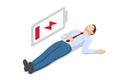 Isometric businessman lying down beside low battery indicator. Unhappy tired office worker manager man character lying