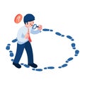Isometric Businessman with Magnifying Glass Analyze Circle Footstep