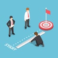 Isometric Businessman Measuring Distance Between Start Point and