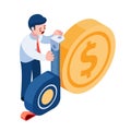 Isometric Businessman Measuring Money Coin