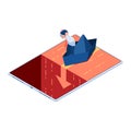 Isometric Businessman on a Paper Boat Heading to The Red Ocean Waterfall