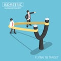 Isometric businessman preparing to fly by slingshot catapult