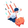 Isometric Businessman Protect Piggy Bank from Falling Arrows