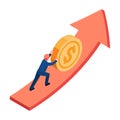 Isometric Businessman Push Coin Up on growth graph