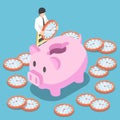 Isometric businessman putting a clock into a pink piggy bank Royalty Free Stock Photo