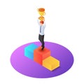 Isometric businessman raise up winner trophy on pedestal