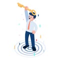 Isometric Businessman Raising Golden Key Above His Head