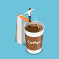 Isometric businessman ready to jump into a cup of coffee