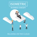 Isometric businessman is relaxing while lying on a cloud