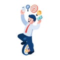 Isometric Businessman Riding Unicycle and Doing Multitasking Work