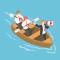 Isometric businessman in rowing team with leader command and con