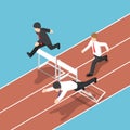 Isometric businessman running with obstacle in hurdle race.