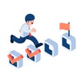 Isometric Businessman Running Up on Completed Tasks Checklist