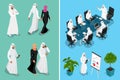 Isometric businessman Saudi Arab man and woman character design with different poses, car on blue background isolated