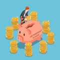 Isometric businessman saving money in piggy bank