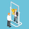 Isometric businessman see himself being successful in the mirror