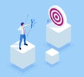 Isometric Businessman shooting a bow and arrow. Success. Arrow hit the center of the target. Business target achievement