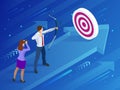 Isometric Businessman shooting a bow and arrow. Success. Arrow hit the center of the target. Business target achievement Royalty Free Stock Photo