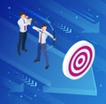 Isometric Businessman shooting a bow and arrow. Success. Arrow hit the center of the target. Business target achievement Royalty Free Stock Photo