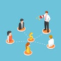 Isometric businessman shout on megaphone with people on referral marketing network