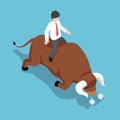 Isometric businessman sitting on angry bull back.