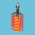 Isometric businessman standing on coin stack with spiral growth arrow