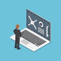 Isometric businessman standing with laptop and security door on