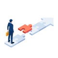 Isometric Businessman Standing on Puzzle Arrow with Last Piece of Jigsaw