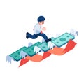 Isometric Businessman Step Up on Flying Dollar Banknote