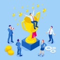 Isometric businessman success, leadership, awards, career, successful projects, goal, winning plan, leadership qualities Royalty Free Stock Photo