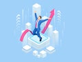 Isometric businessman success, leadership, awards, career, successful projects, goal, winning plan, leadership qualities