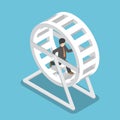 Isometric businessman in a suit running in a hamster wheel