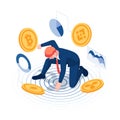 Isometric Businessman in Superhero Landing Poses with Bitcoin and Cryptocurrency