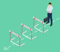 Isometric businessman thinks over how to overcome obstacles on the way to business success. Hurdle on way concept