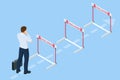 Isometric businessman thinks over how to overcome obstacles on the way to business success. Hurdle on way concept