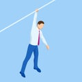 Isometric businessman tightrope walker is on the rope. Risk challenge in business, business risk, conquering adversity