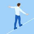Isometric businessman tightrope walker is on the rope. Risk challenge in business, business risk, conquering adversity